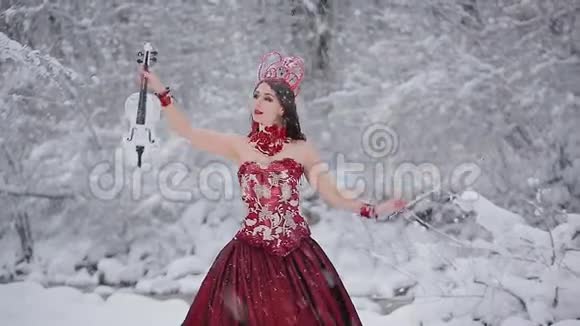 穿着红色皇家礼服白小提琴的可爱年轻女子站在冬日森林的雪地上视频的预览图