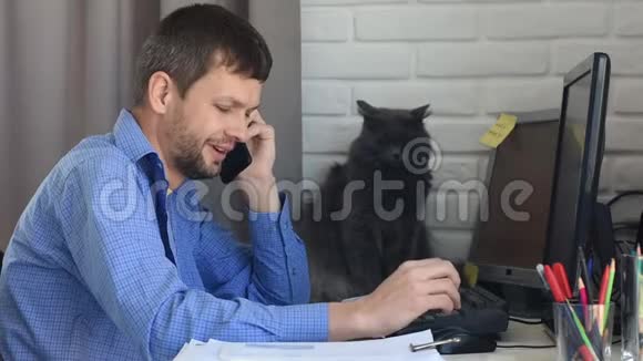 一个年轻人在家工作打电话背景是一只滑稽的猫视频的预览图