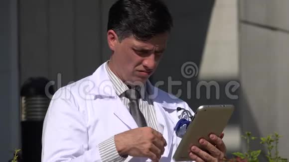 使用平板电脑混淆西班牙男性医生视频的预览图