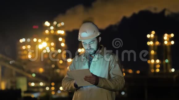 一名建筑工程师在夜间为一家污染工厂制作一块石板视频的预览图