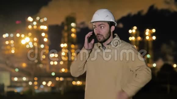 年轻的男承包商工程师在工厂工作用手机交谈视频的预览图