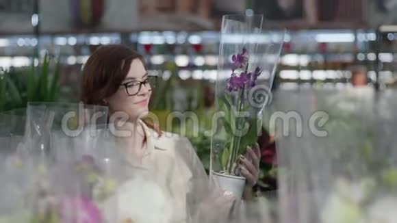幸福的顾客选择猫盛开的兰花来装饰她在花店背景的温室里的房子视频的预览图