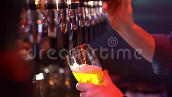 在酒吧里男人把啤酒从酒桶里倒入玻璃杯视频的预览图