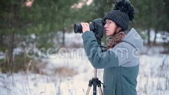 在下雪的一天一位女摄影师为冬天的森林拍照视频的预览图