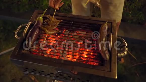 晚上烧烤男人在烤架上煮蔬菜视频的预览图