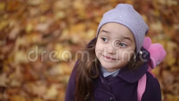 在模糊的黄色干秋叶背景上滑稽儿童的肖像视频的预览图
