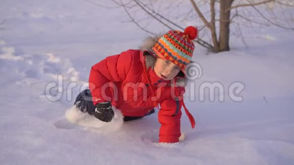 小男孩和他妈妈在雪地里玩耍慢镜头视频的预览图