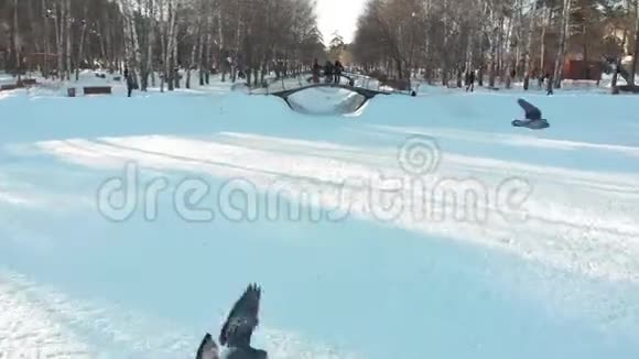 俄罗斯民间传说穿着俄罗斯服装的人们在冰冻池塘附近的冬季公园的桥上跳舞视频的预览图