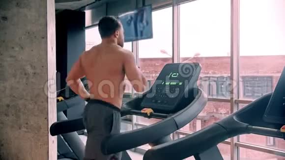 在跑步机上跑步的身材健美运动员视频的预览图