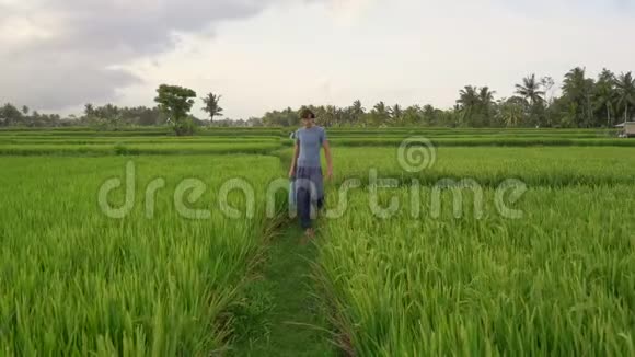 一个年轻人在一个美丽的稻田上进行瑜伽训练亚洲概念旅行视频的预览图