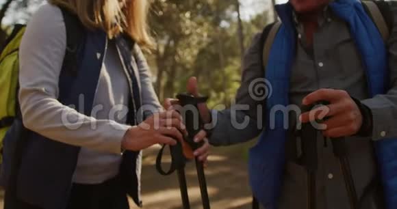 活跃的高级夫妇在森林徒步旅行视频的预览图