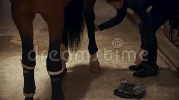 骑着马的年轻女骑手在马身上绑腿视频的预览图