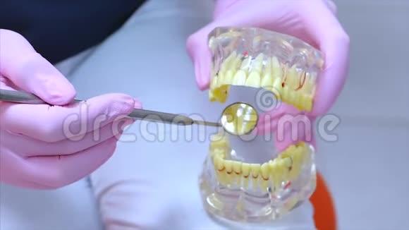 妇女牙科对门诊病人的牙齿治疗牙医在Jaw模型上显示病人如何视频的预览图