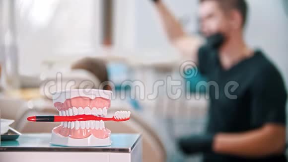 带牙刷人的牙医做他的背景工作的塑料下巴模型视频的预览图