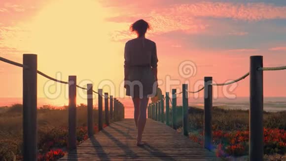 日落时分在海滩上的一座木脚桥上女人的剪影视频的预览图