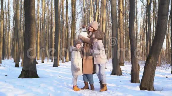 母亲带着两个女儿和一只狗在雪地森林里视频的预览图