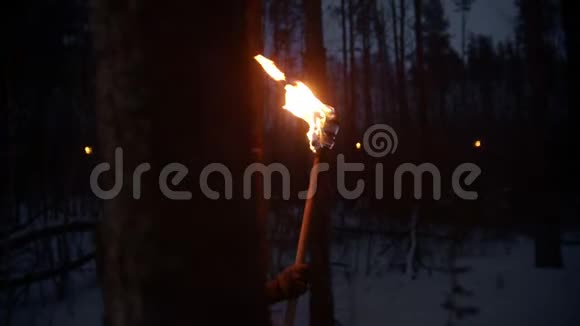 年轻的迷路和害怕的女人拿着火把走在森林里寻找出路视频的预览图
