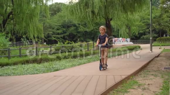 小男孩在公园里骑踢踏车慢镜头视频的预览图