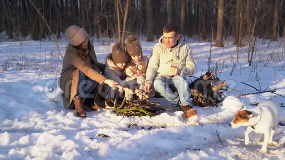 在冬天的篝火堆上烤家庭肉视频的预览图