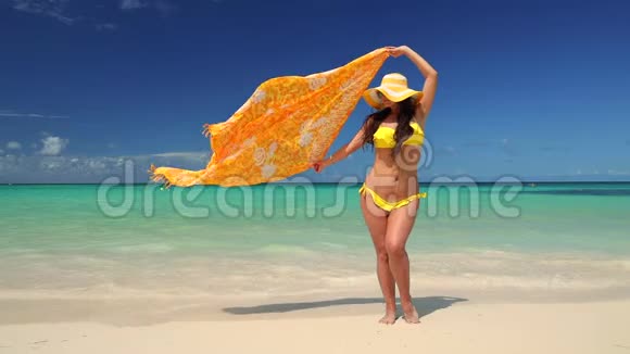 无忧无虑的年轻女子在异国情调的海滩上放松加勒比海热带度假多米尼加共和国视频的预览图