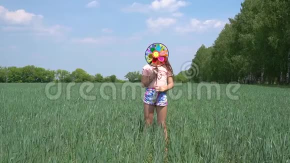 在一个阳光明媚的日子里一个留着长发的女孩手里拿着一个绿色的风车玩具夏天自由和快乐的概念视频的预览图