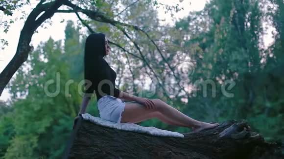 性感年轻的黑发女人坐在倒下的树干上远远地看着视频的预览图