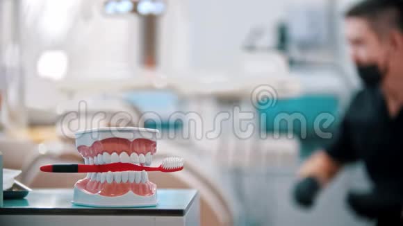 一个带牙刷人牙牙的人嘴塑料模型为检查一个小牙的口腔准备一切视频的预览图