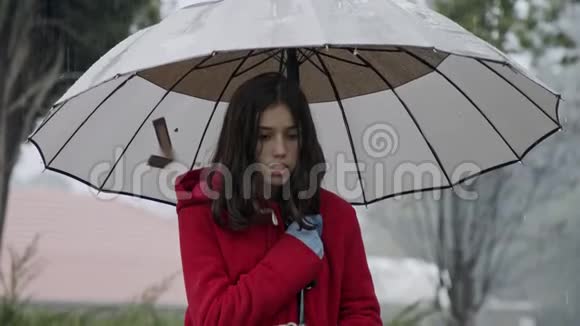 女孩站在冷雨中撑着伞视频的预览图