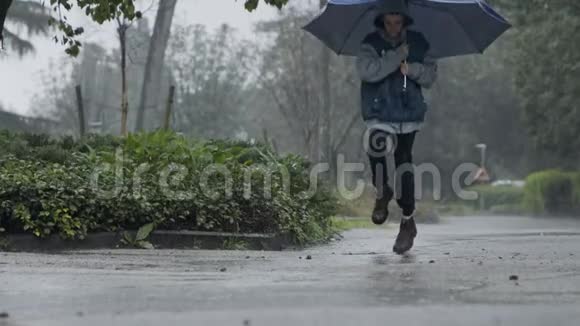 一个小男孩拿着雨伞在倾盆大雨中跳跃的缓慢动作视频的预览图