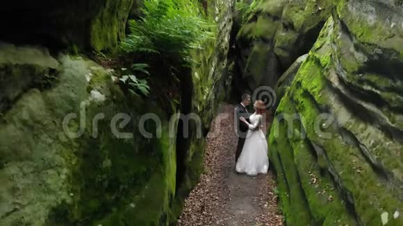 山里的婚礼新婚夫妇站在长满青苔的岩石之间为年轻夫妇提供一个舒适的地方视频的预览图