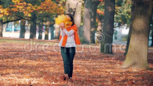 在公园里欣赏秋天落叶的年轻女子视频的预览图