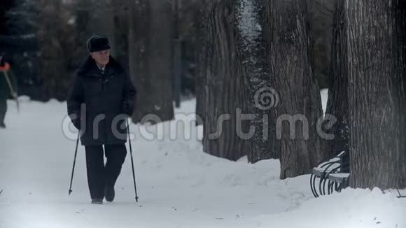 年迈的祖父快乐的祖父在冬季公园里从事北欧散步视频的预览图