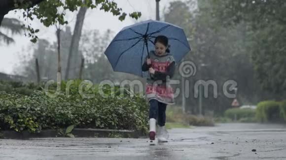 一个小女孩在雨中撑着伞在水坑里跳跃的慢动作视频的预览图