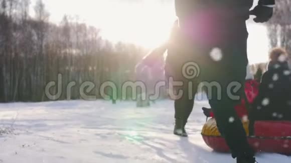 一家人在冬天的森林附近玩耍父亲骑着他的孩子在充气雪橇上他们的母亲在追视频的预览图