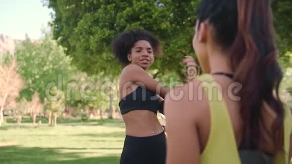 多民族女性朋友在公园里做热身运动伸展身体享受健康健身视频的预览图