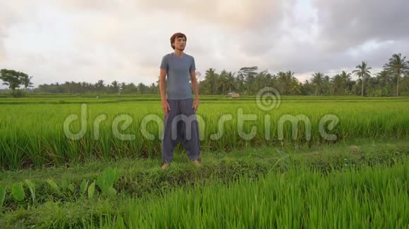一个年轻人在一个美丽的稻田上进行瑜伽训练旅游亚洲概念慢速视频视频的预览图