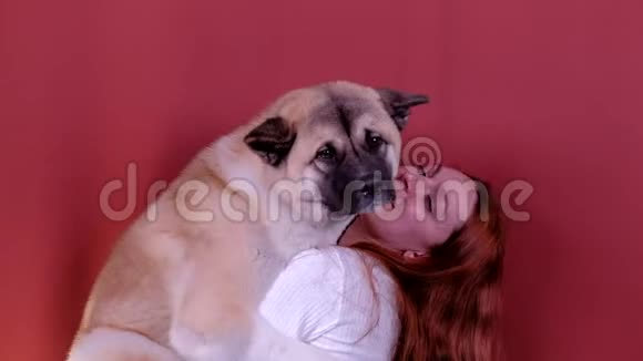一个红头发的年轻女人把一只狗抱在怀里视频的预览图