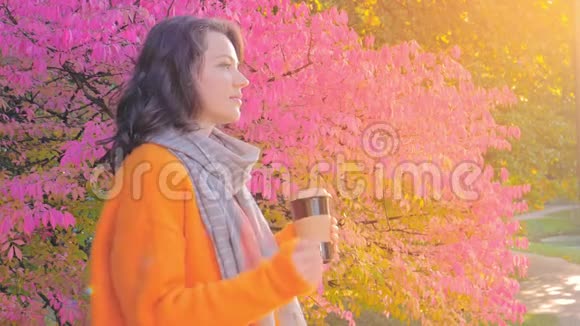 美丽的女孩在秋天的花园里喝茶穿着羊毛衫视频的预览图