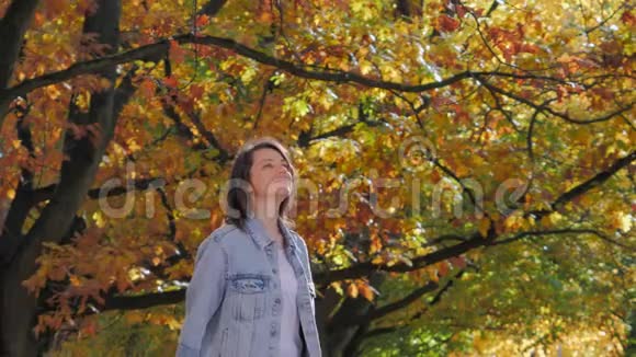 浪漫的心情女人在公园里举起手臂的肖像秋天的落叶视频的预览图