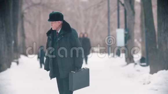 下雪时一位背着书包在公园散步的老人视频的预览图