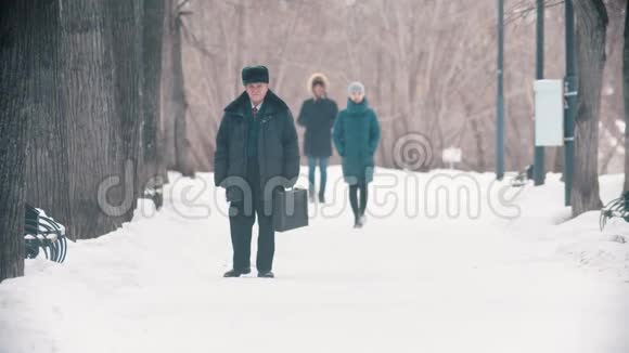 一个拿着袋子在雪地公园散步的老人视频的预览图