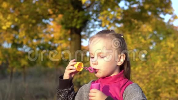 漂亮的小女孩吹肥皂泡在秋天的公园里玩视频的预览图