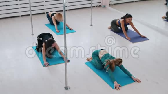 年轻女性在瑜伽垫上热身弯曲下背部视频的预览图
