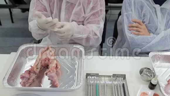 牙科受训者在开始在猪的下巴上安装牙科植入物的练习之前戴上橡胶手套视频的预览图