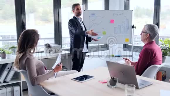 英俊的商人用白板向同事解释一个项目视频的预览图