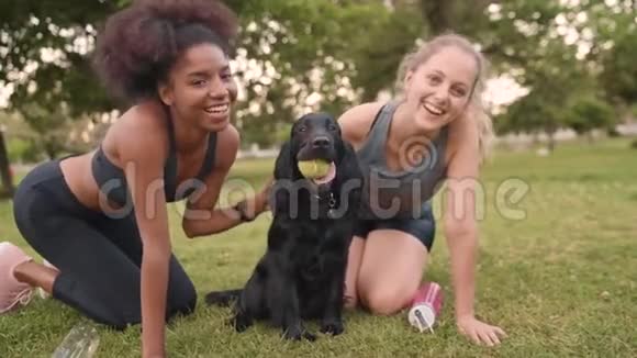 两个不同的健身女性朋友抚摸和拥抱他们的黑狗在公园的嘴球的肖像视频的预览图