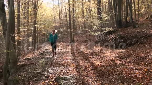 秋天的早晨运动的年轻女子在山上奔跑视频的预览图