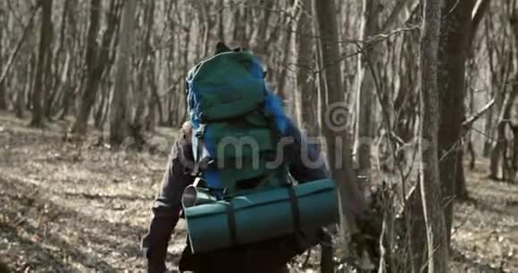 背包男游客在森林视频的预览图
