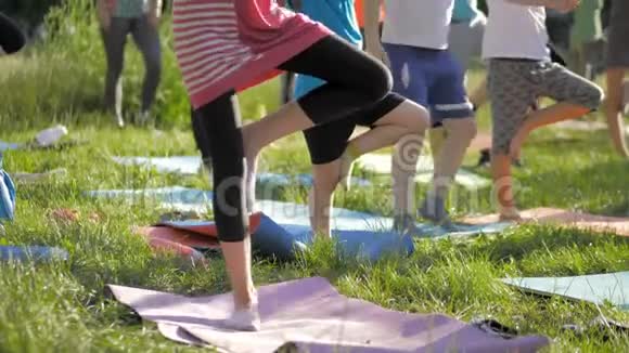 参加公园外瑜伽课的大人和小孩视频的预览图