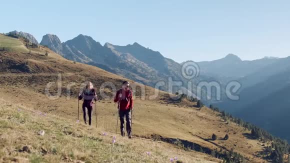 两个徒步旅行者带着背包步行同时看着山上的风景视频的预览图